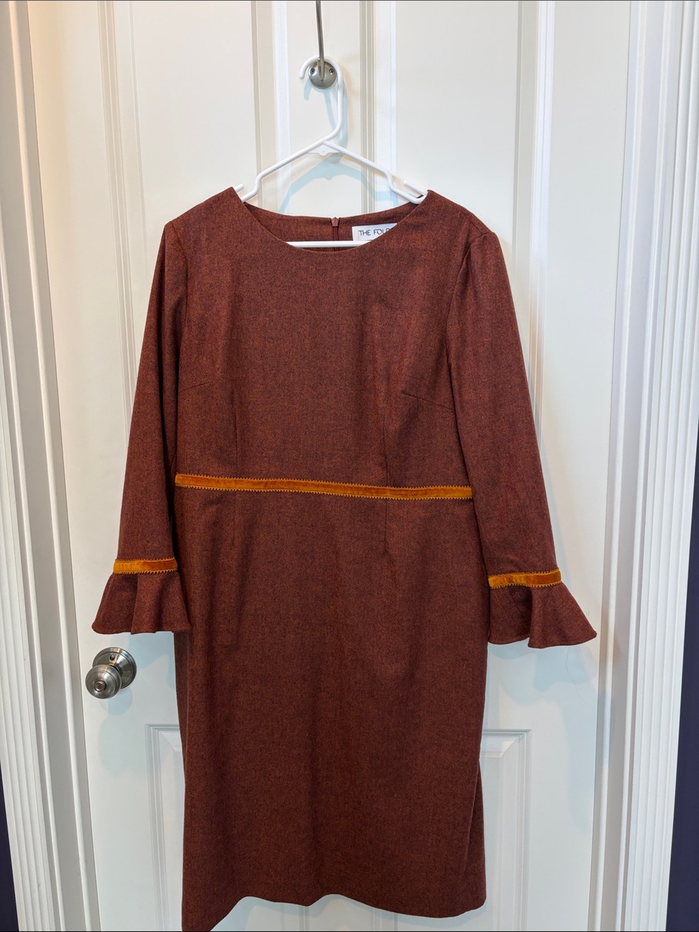 The Fold Burnt Orange 3/4 -Sleeve  Dress with orange velvet  Trim